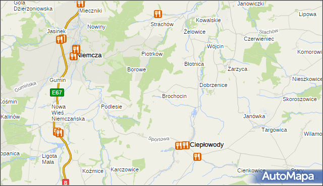 mapa Brochocin gmina Ciepłowody, Brochocin gmina Ciepłowody na mapie Targeo