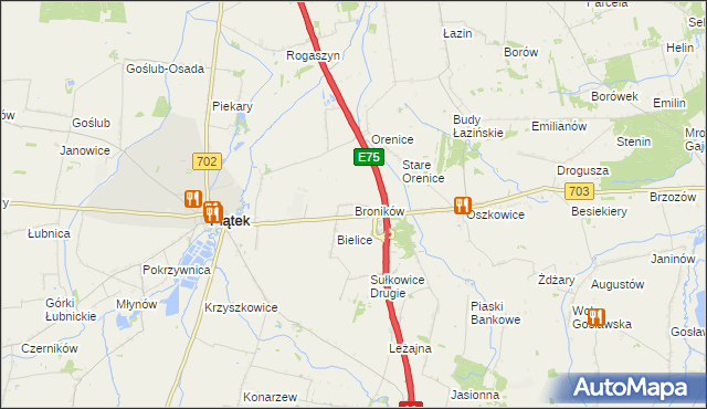 mapa Broników gmina Piątek, Broników gmina Piątek na mapie Targeo