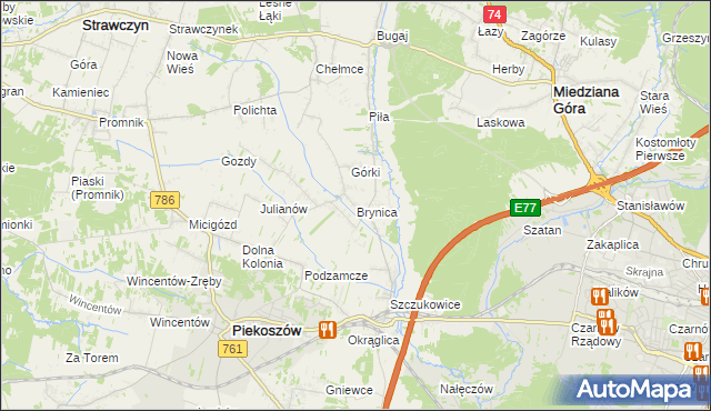 mapa Brynica gmina Piekoszów, Brynica gmina Piekoszów na mapie Targeo