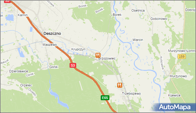 mapa Brzozowiec gmina Deszczno, Brzozowiec gmina Deszczno na mapie Targeo