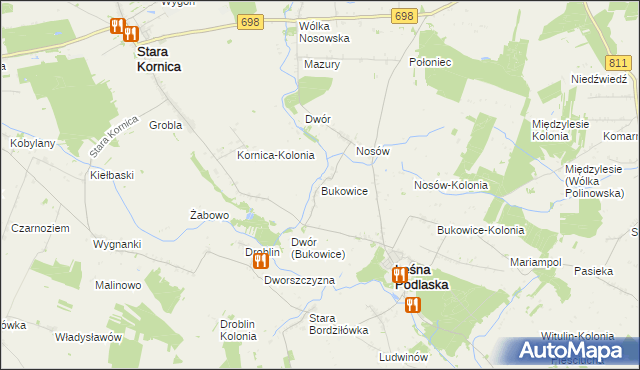 mapa Bukowice gmina Leśna Podlaska, Bukowice gmina Leśna Podlaska na mapie Targeo