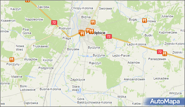 mapa Byczyna gmina Poddębice, Byczyna gmina Poddębice na mapie Targeo