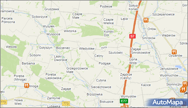 mapa Celiny gmina Iwanowice, Celiny gmina Iwanowice na mapie Targeo