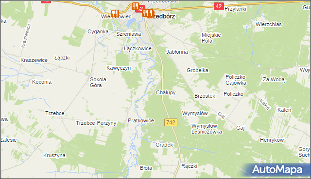 mapa Chałupy gmina Przedbórz, Chałupy gmina Przedbórz na mapie Targeo