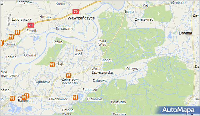 mapa Chobot gmina Niepołomice, Chobot gmina Niepołomice na mapie Targeo