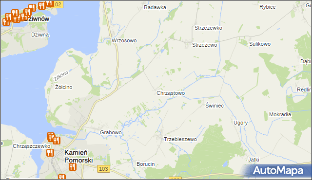 mapa Chrząstowo gmina Kamień Pomorski, Chrząstowo gmina Kamień Pomorski na mapie Targeo