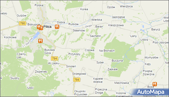 mapa Cisowa gmina Pilica, Cisowa gmina Pilica na mapie Targeo