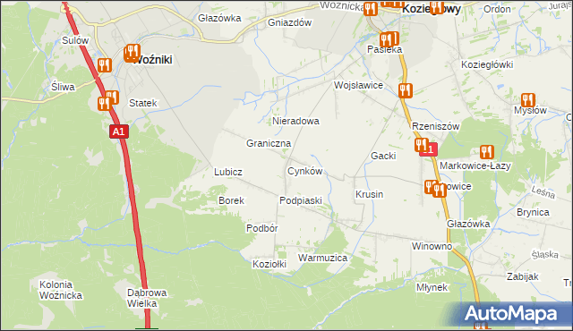 mapa Cynków gmina Koziegłowy, Cynków gmina Koziegłowy na mapie Targeo
