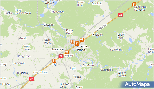 mapa Czarna Woda powiat starogardzki, Czarna Woda powiat starogardzki na mapie Targeo