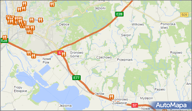 mapa Czechowo gmina Elbląg, Czechowo gmina Elbląg na mapie Targeo