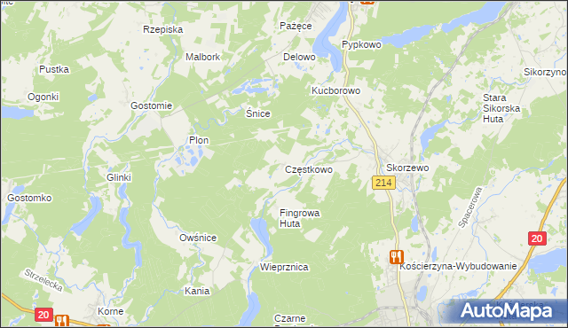 mapa Częstkowo gmina Kościerzyna, Częstkowo gmina Kościerzyna na mapie Targeo