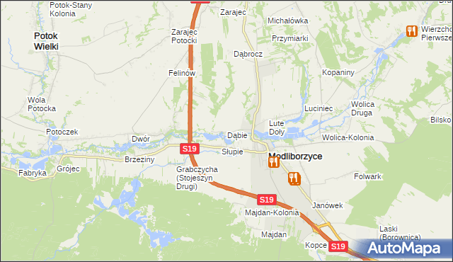 mapa Dąbie gmina Modliborzyce, Dąbie gmina Modliborzyce na mapie Targeo