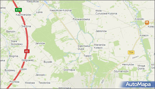 mapa Dąbrówka Duża gmina Brzeziny, Dąbrówka Duża gmina Brzeziny na mapie Targeo