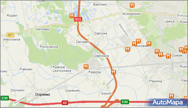 mapa Dąbrówka gmina Dopiewo, Dąbrówka gmina Dopiewo na mapie Targeo