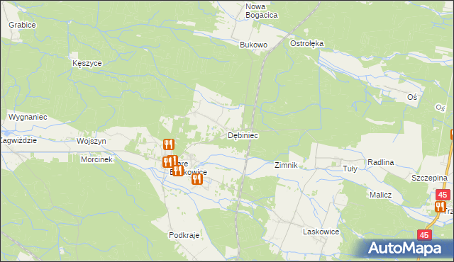 mapa Dębiniec gmina Murów, Dębiniec gmina Murów na mapie Targeo