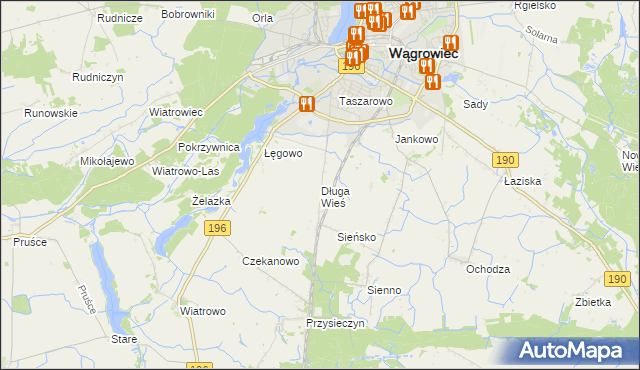 mapa Długa Wieś gmina Wągrowiec, Długa Wieś gmina Wągrowiec na mapie Targeo