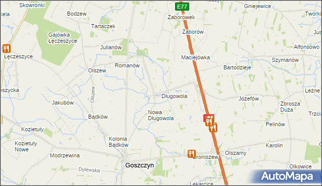 mapa Długowola gmina Goszczyn, Długowola gmina Goszczyn na mapie Targeo