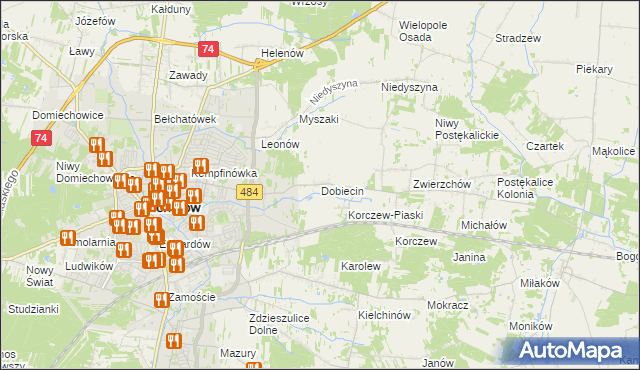mapa Dobiecin gmina Bełchatów, Dobiecin gmina Bełchatów na mapie Targeo