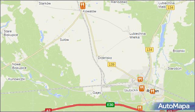 mapa Drzeńsko gmina Rzepin, Drzeńsko gmina Rzepin na mapie Targeo
