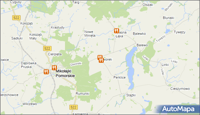 mapa Dworek gmina Mikołajki Pomorskie, Dworek gmina Mikołajki Pomorskie na mapie Targeo