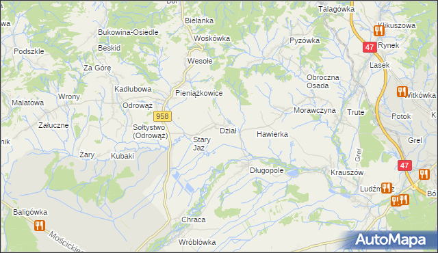 mapa Dział gmina Czarny Dunajec, Dział gmina Czarny Dunajec na mapie Targeo