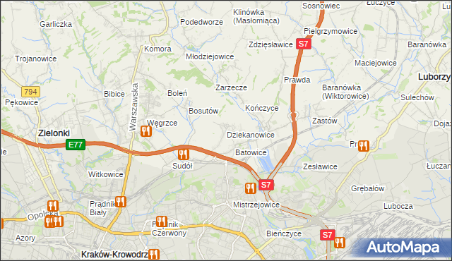 mapa Dziekanowice gmina Zielonki, Dziekanowice gmina Zielonki na mapie Targeo