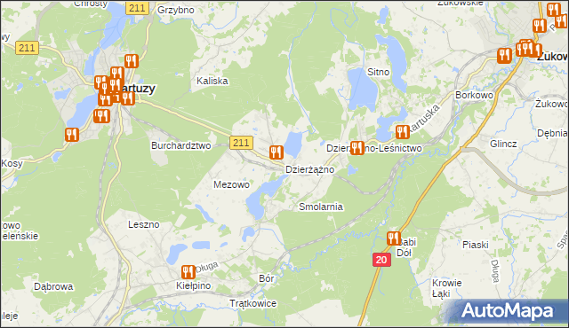 mapa Dzierżążno gmina Kartuzy, Dzierżążno gmina Kartuzy na mapie Targeo