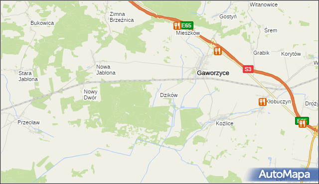 mapa Dzików gmina Gaworzyce, Dzików gmina Gaworzyce na mapie Targeo