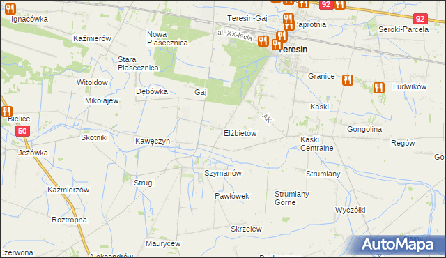 mapa Elżbietów gmina Teresin, Elżbietów gmina Teresin na mapie Targeo