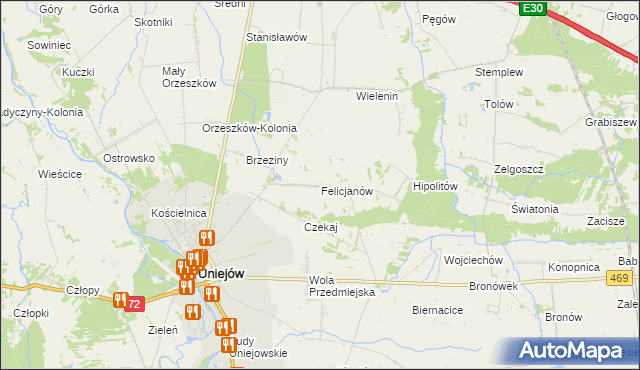 mapa Felicjanów gmina Uniejów, Felicjanów gmina Uniejów na mapie Targeo