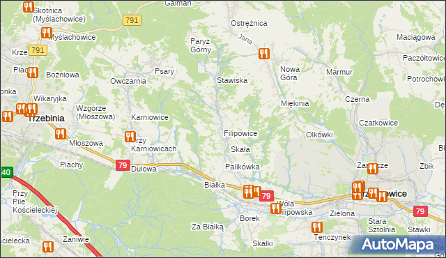 mapa Filipowice gmina Krzeszowice, Filipowice gmina Krzeszowice na mapie Targeo