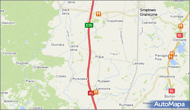 mapa Frąca gmina Smętowo Graniczne, Frąca gmina Smętowo Graniczne na mapie Targeo