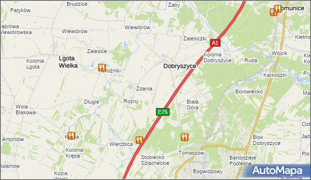mapa Galonki gmina Dobryszyce, Galonki gmina Dobryszyce na mapie Targeo