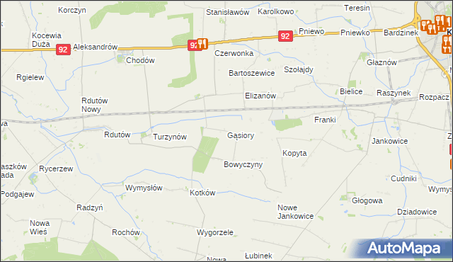 mapa Gąsiory gmina Chodów, Gąsiory gmina Chodów na mapie Targeo