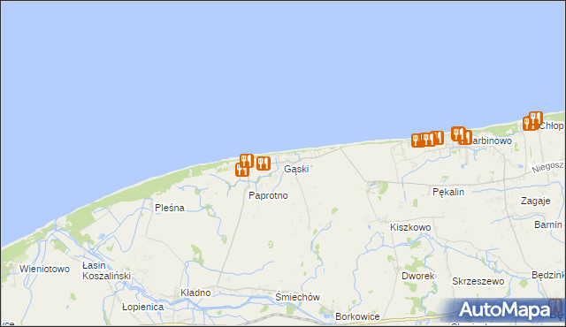 mapa Gąski gmina Mielno, Gąski gmina Mielno na mapie Targeo