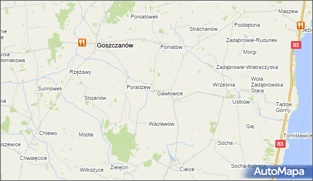 mapa Gawłowice gmina Goszczanów, Gawłowice gmina Goszczanów na mapie Targeo