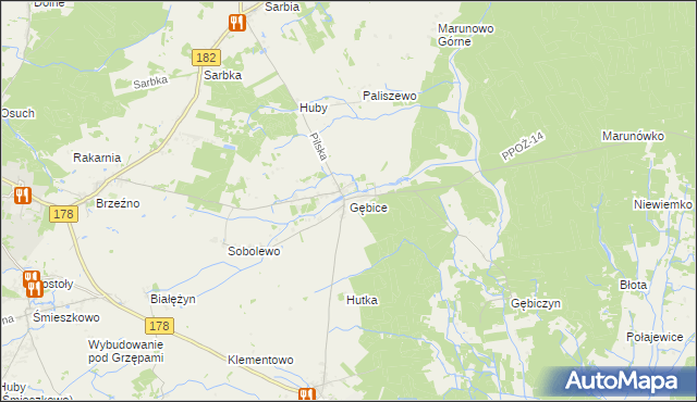 mapa Gębice gmina Czarnków, Gębice gmina Czarnków na mapie Targeo