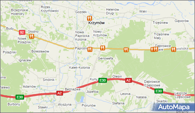 mapa Genowefa gmina Krzymów, Genowefa gmina Krzymów na mapie Targeo