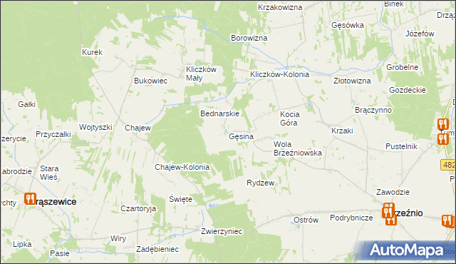 mapa Gęsina gmina Brzeźnio, Gęsina gmina Brzeźnio na mapie Targeo