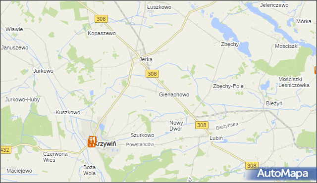 mapa Gierłachowo gmina Krzywiń, Gierłachowo gmina Krzywiń na mapie Targeo