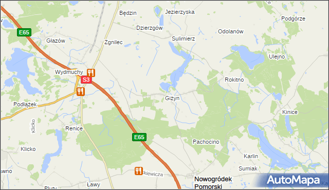 mapa Giżyn gmina Nowogródek Pomorski, Giżyn gmina Nowogródek Pomorski na mapie Targeo