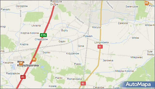 mapa Glina gmina Wola Krzysztoporska, Glina gmina Wola Krzysztoporska na mapie Targeo