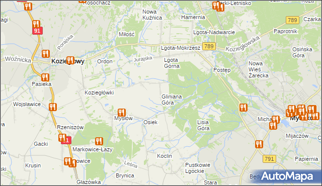 mapa Gliniana Góra gmina Koziegłowy, Gliniana Góra gmina Koziegłowy na mapie Targeo