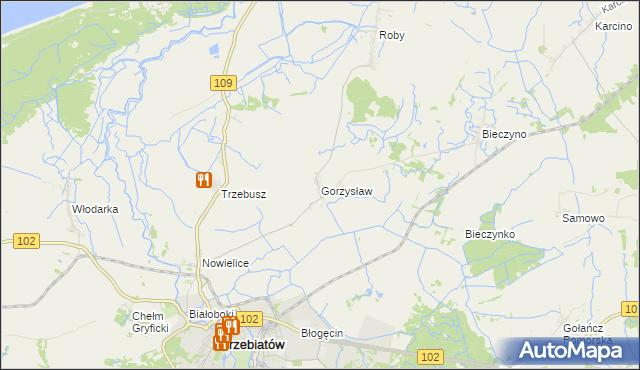 mapa Gorzysław gmina Trzebiatów, Gorzysław gmina Trzebiatów na mapie Targeo