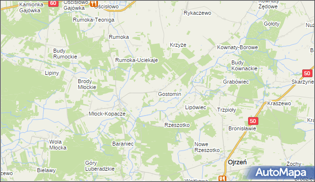 mapa Gostomin gmina Ojrzeń, Gostomin gmina Ojrzeń na mapie Targeo