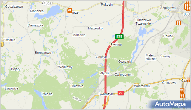 mapa Goszyn gmina Tczew, Goszyn gmina Tczew na mapie Targeo