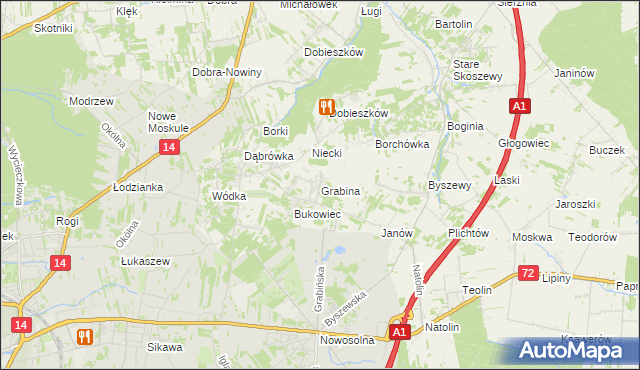 mapa Grabina gmina Nowosolna, Grabina gmina Nowosolna na mapie Targeo