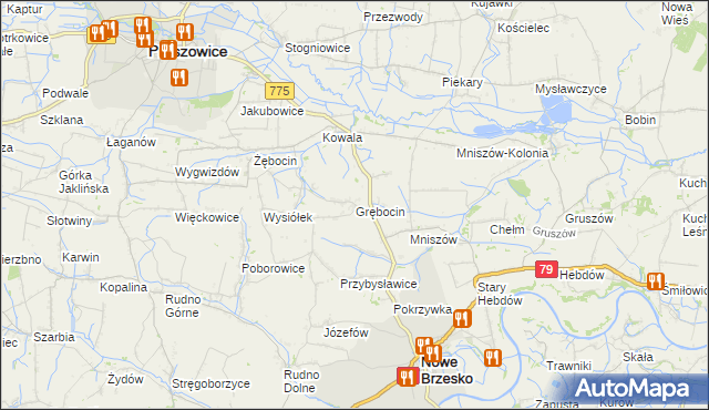 mapa Grębocin gmina Nowe Brzesko, Grębocin gmina Nowe Brzesko na mapie Targeo