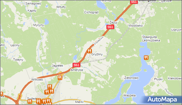 mapa Gryźliny gmina Stawiguda, Gryźliny gmina Stawiguda na mapie Targeo