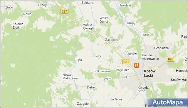mapa Guty gmina Kosów Lacki, Guty gmina Kosów Lacki na mapie Targeo